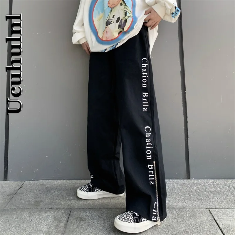 

Ucuhulnl Women Sports Pants 2021 Streetwear Versatile Fashion High Waist Straight Trousers Summer Casual Baggy Zipper Wide Leg