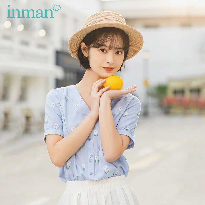 INMAN летняя блузка с короткими рукавами из чистого хлопка цветочным принтом и