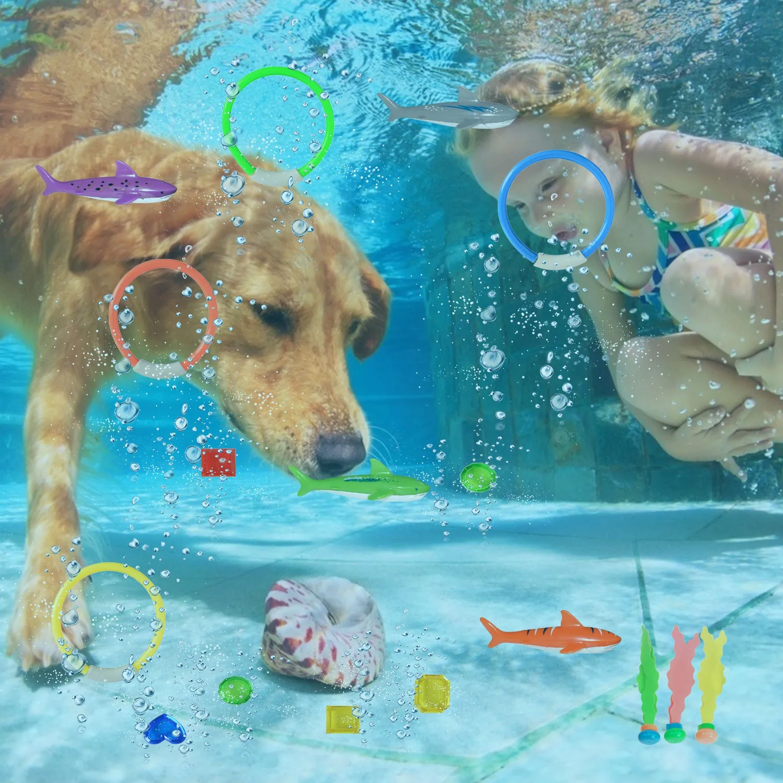 

Diving Toys Kit 22pcs Plastic Swimming Pool Toys Sticks Seaweeds Treasures Sinking Toys For 4-8 Years Old Kids Diving Training