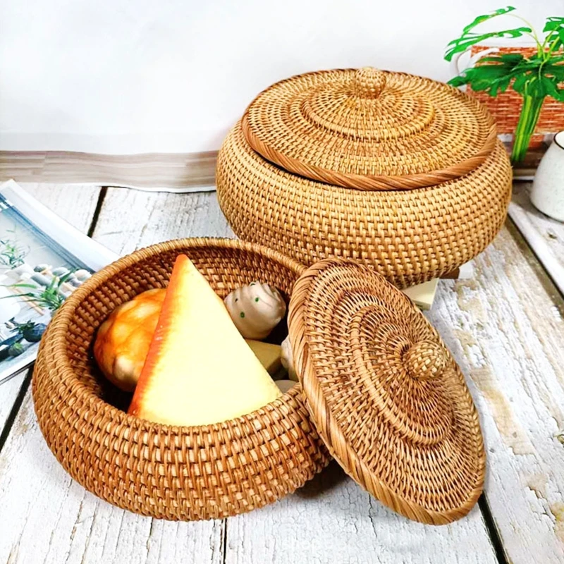 

Pure Natural Handmade Rattans Weaving Round Storage Basket with Cover Fruit Dish 50JD