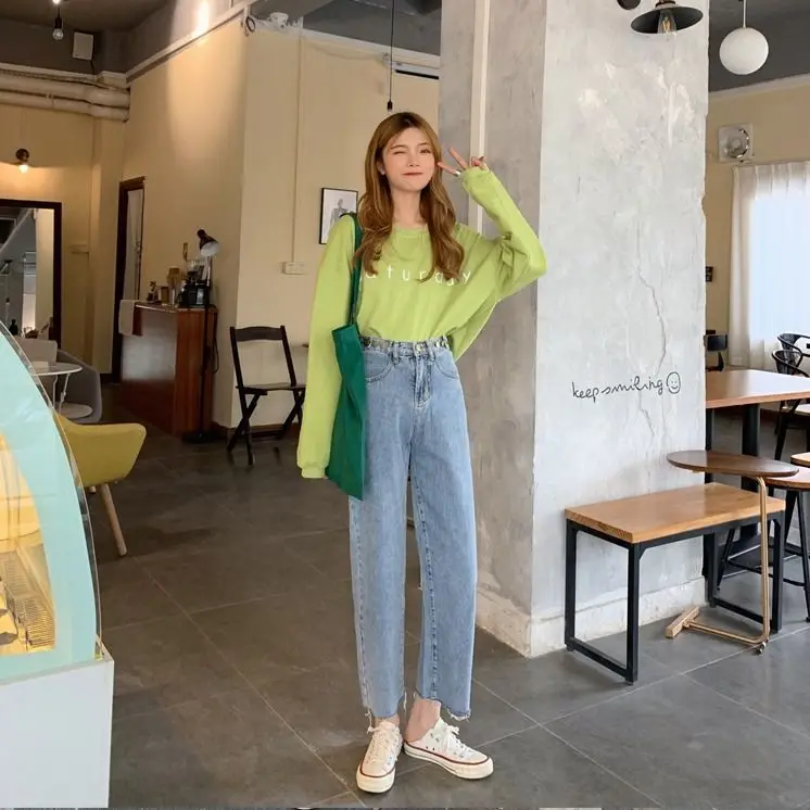 

Jeans women's high waisted slim spring 2020 new loose student wide leg Capris versatile straight pants