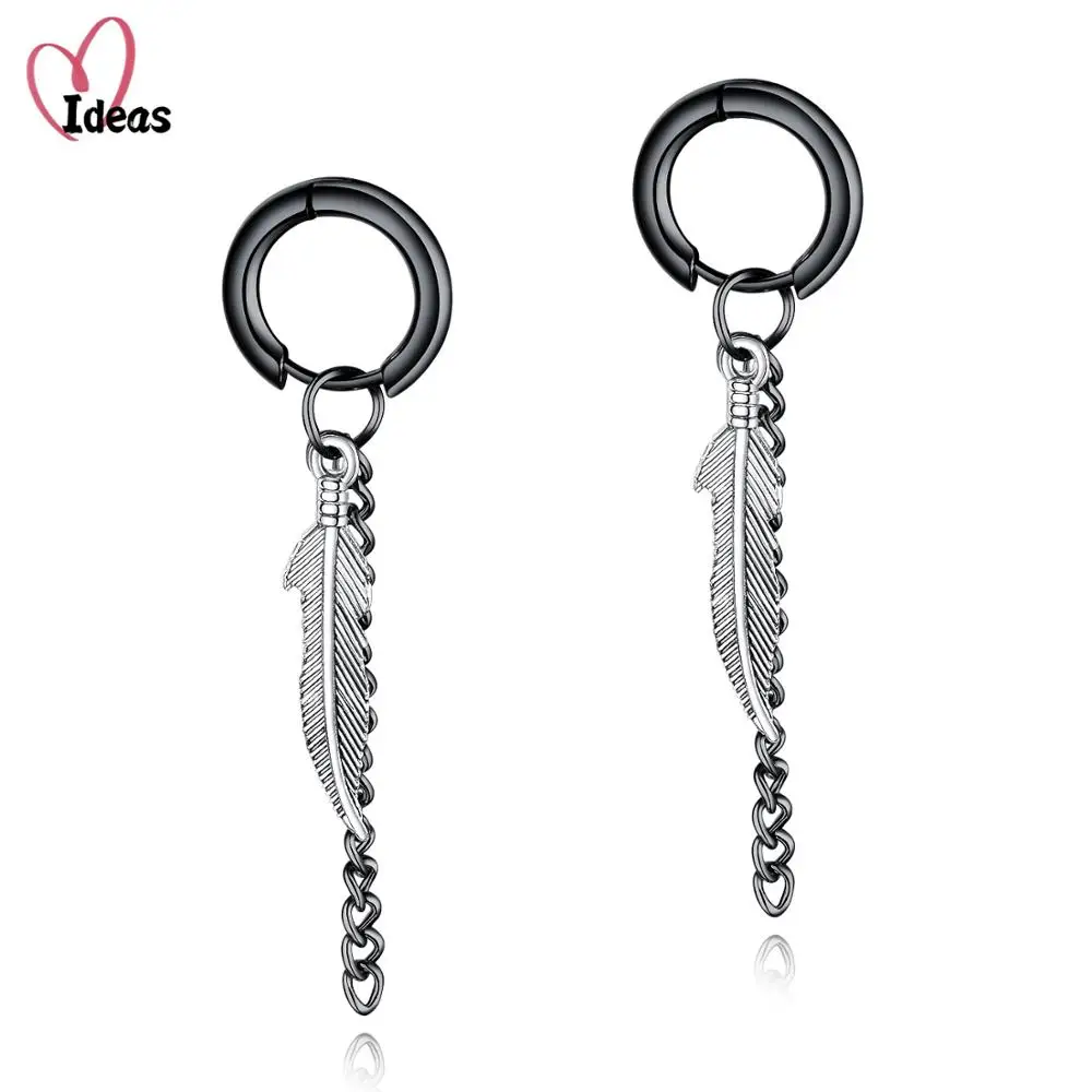 

Stainless steel Earring Grunge Style Punk Dagger Earrings Mens Tassel Chain Black Feather Earring Guys Jewellery Accessory
