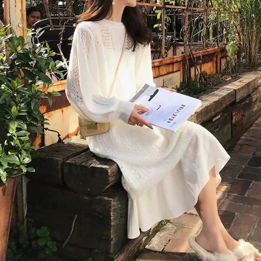 

Hollow Out White Sweater Dress Autumn Spring New Solid Color Korean Fashion Loose Casual Simplicity O-Neck Long Sleeve Clothes