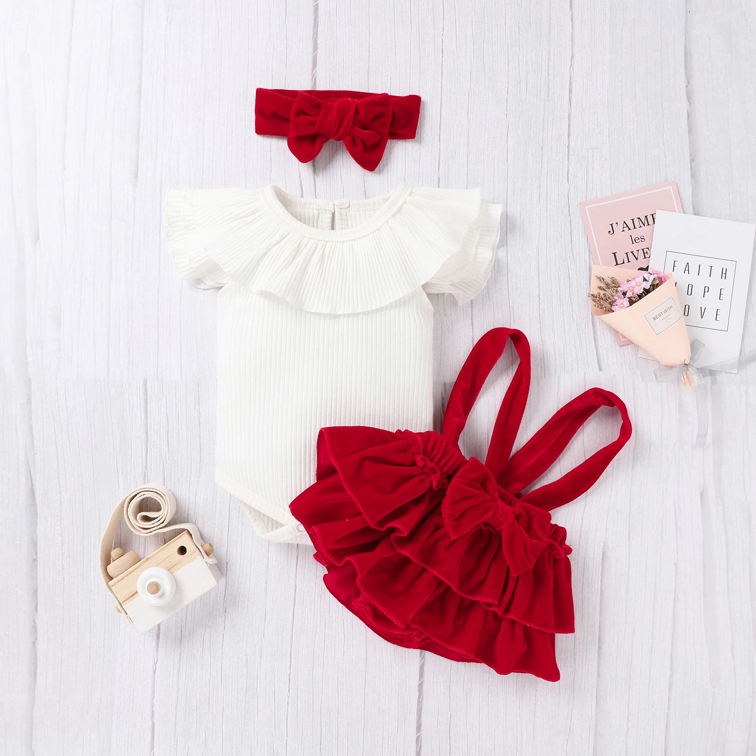 

Newborn Baby Girls Lovely Clothes Sets 3pcs Flying Sleeve Ruffled Romper Velvet Suspender Shorts Headband 0-24M