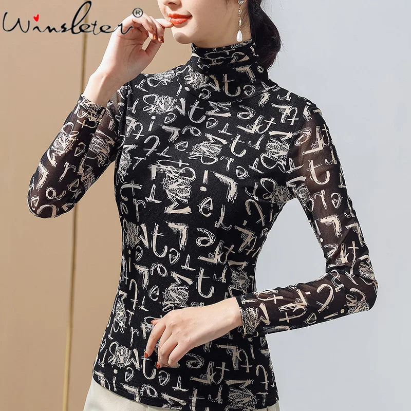 

Spring Fall European Clothes T-Shirt Chic Sexy Turtleneck Print Letter Women Tops M-4XL Plus Size Casual Woman Tees 2021 T18009A