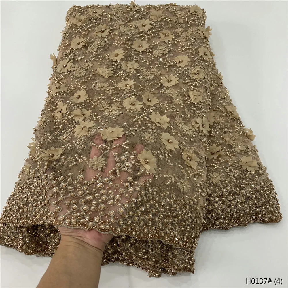 

High quality handmade French net lace African beaded lace Gold color embroidery tulle lace fabric party wedding dress H0137