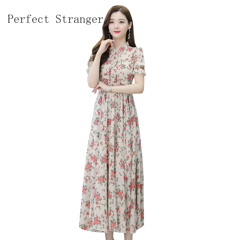 

2021 Summer New Arrival Hot Sale Stand Collar Flower Printed Short Sleeve Women Long Chiffon Dress High Quality Plus Size M-4XL