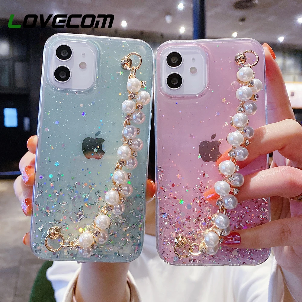 

Gradient Glitter Pearl Wrist Chain Phone Case For Samsung Galaxy S22 Ultra S21 Plus S20 S20 FE A52 A72 A53 A33 Clear Soft Cover
