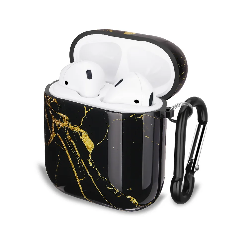 Роскошный чехол из мягкого ТПУ чехол для наушников Apple Airpods 1 2 глянцевый IMD черный и Золотой Мрамор Дизайн чехол для наушников с вешалкой крюк