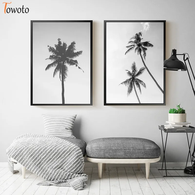 Черно-белый постер с принтом пальмы пейзаж холст живопись песчаный пляж