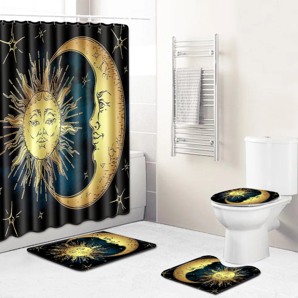 

3D Printing Sun and Moon Shower Room Curtains Set Bathroom Accessories Set 4pcs/set Shower Curtain with Bath Mat Set