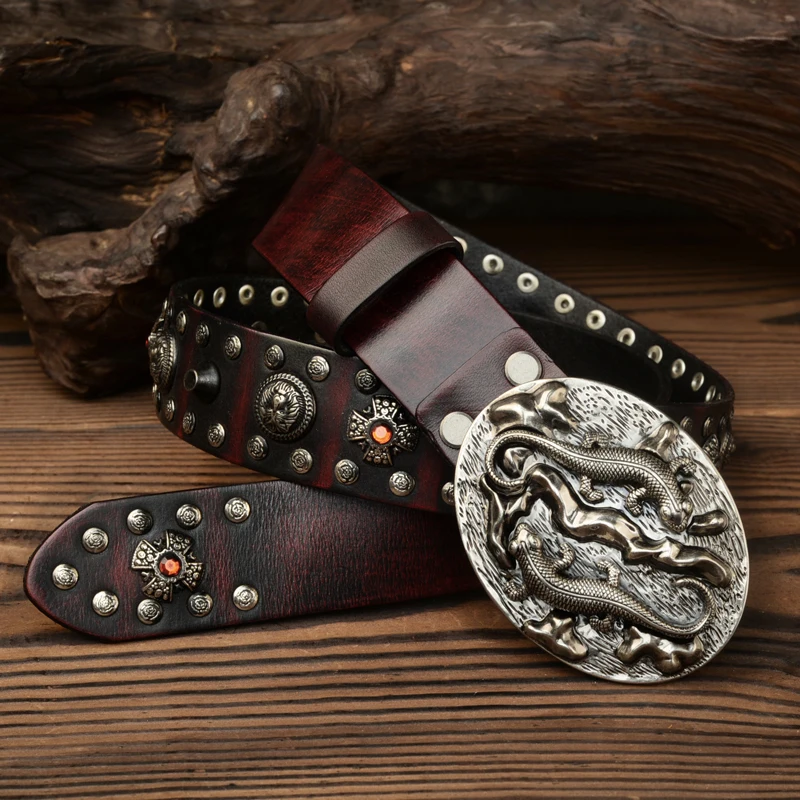 Punk Men Belt Genuine Leather Belt Male Cowboy Rock Rivet Black Strap Ceinture Homme Riem Jeans Studded Western Belt Cool