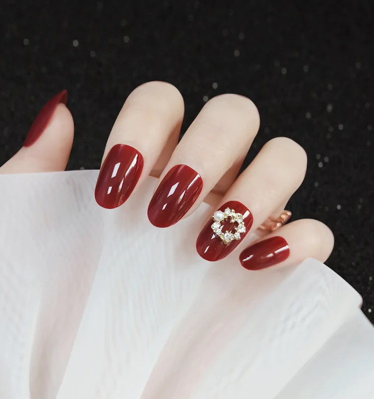 

24pcs Fake Nails With Designs Long Nail Patch Medium And Long Round Head Pearl Diamond Nail Patch Gifts For Girls TO