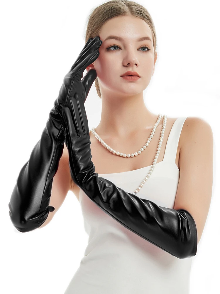 

women 50cm(19.7") long plain style real sheep leather evening long gloves black