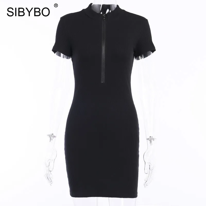 Женское хлопковое мини платье SIBYBO черное облегающее на молнии спереди с