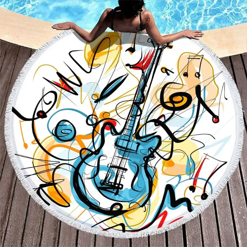 

Clubdeer Guitar Art Beach Towel with Tassels Hippie Tapestry Fade Proof Beach & Pool Use Round 59" white onesize W8EE