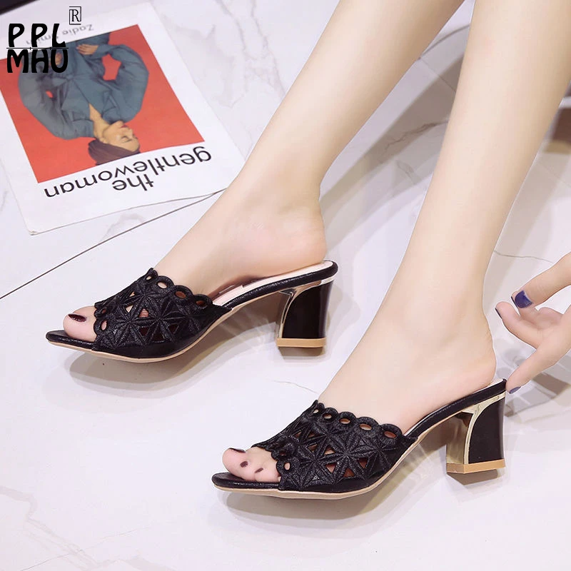 

Mesh Peep Toe Hollow Out Slippers Elegant Light Square Heel Wearable Sexy Open Toe Sandals Fashion Outdoor Comfortable Slides