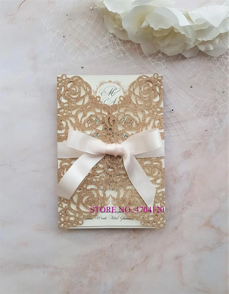 Приглашения на свадьбу с лазерной резкой розовое золото 50 шт. лентой цвета