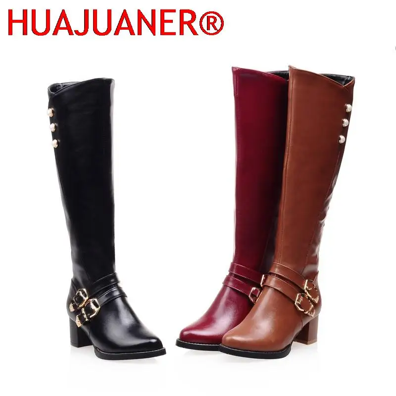

2022 Winter Women Shoes Long Knee-High Boots Round Toe Big Size Med Square Heels Zipper Buckle Short Plush Warm Inside Fashion