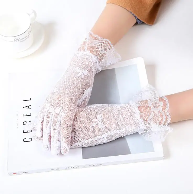 bow white Женские винтажные прозрачные короткие кружевные перчатки Дерби чайные Вечерние перчатки с цветочным принтом длиной до запястья для ужина необычные аксессуары для костюма перчатки - Цвет: bow white