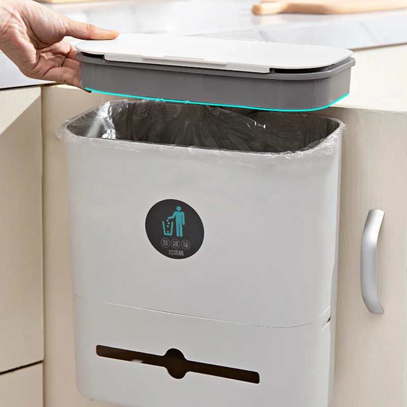 

Hanging Trash Can Kitchen Garbage Bucket with Lid for Household Free Punch Dustbin Cabinet Door Bedroom Kitchen Cleaning Tools
