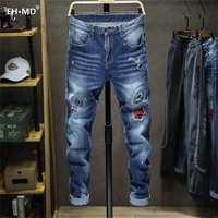 eh%c2%b7md%c2%ae ripped plaid lined jeans mens inkjet white paint dots soft fabric casual loose cotton elastic pants badge red ear 2021