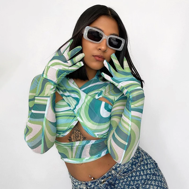 

2021 Summer New Fashion Printed Chest Wrapped Hollow Mesh Slim Long Sleeve European and American Tops Women's Temperament traf