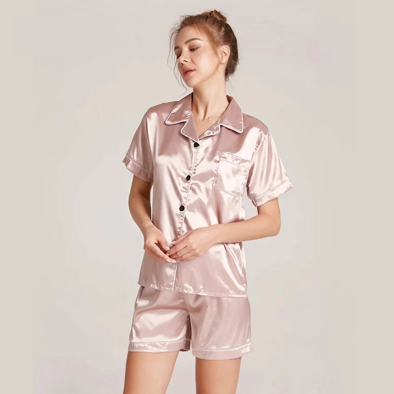 

Summer Pink Home Clothes Women Nightgown 2021 Casual Pajama Sets Satin Short Sleeve Shorts Sleepwear Plus sizes Pyjamas Women