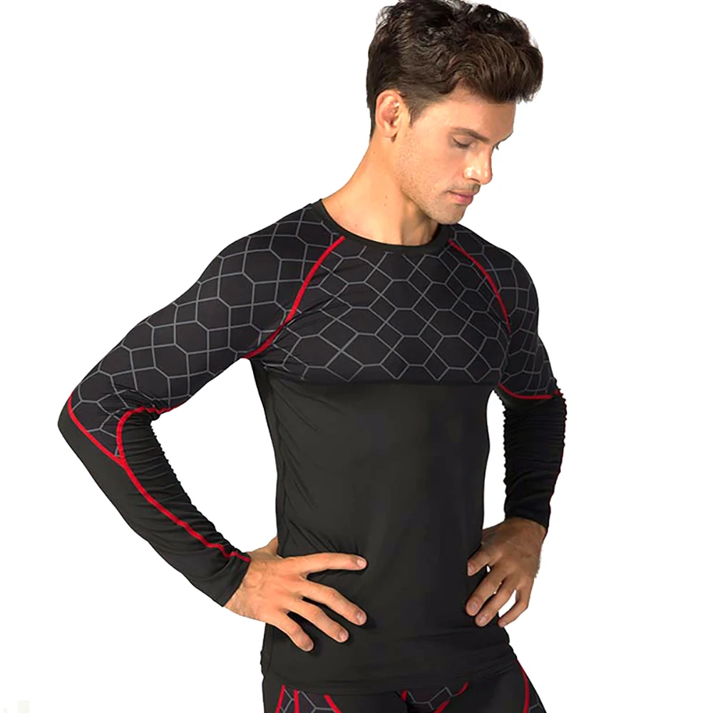 Men Compression Shirt Quick Dry Print Patchwork Tight Long Sleeve Running T-shirt Underwear Gym Fitness Training Sportswear