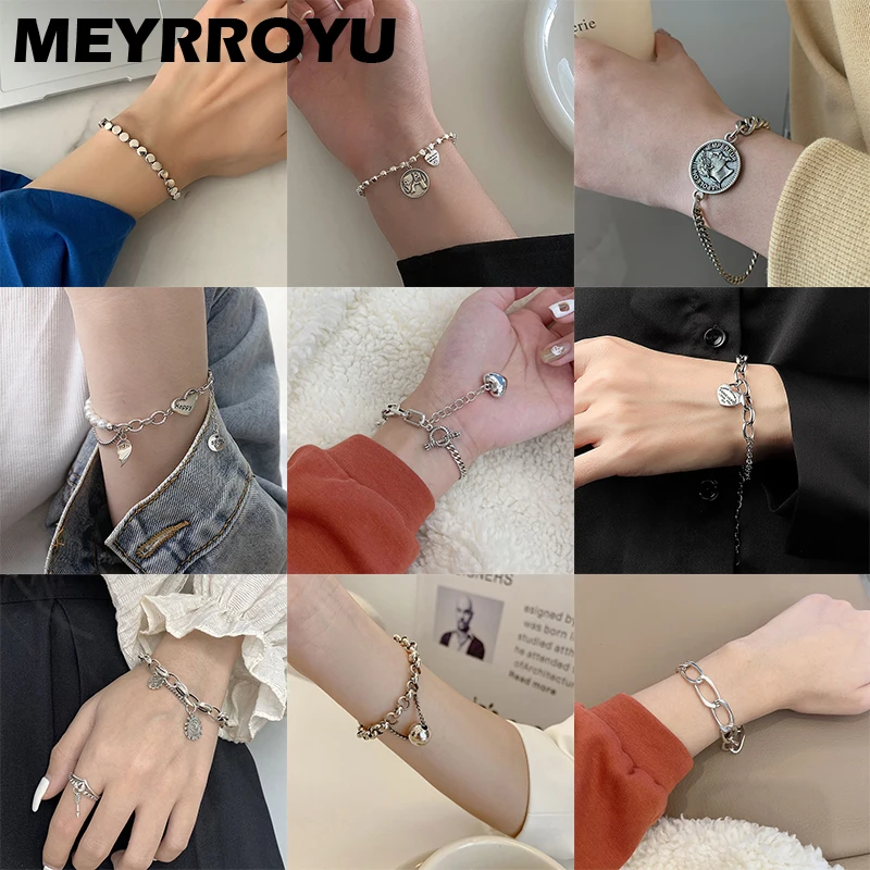 

MEYRROYU Sterling Silver Punk Thick Chain Pendant Bracelet Fashion Woman Party Jewelry Accessories Adjustable High Quality Gift