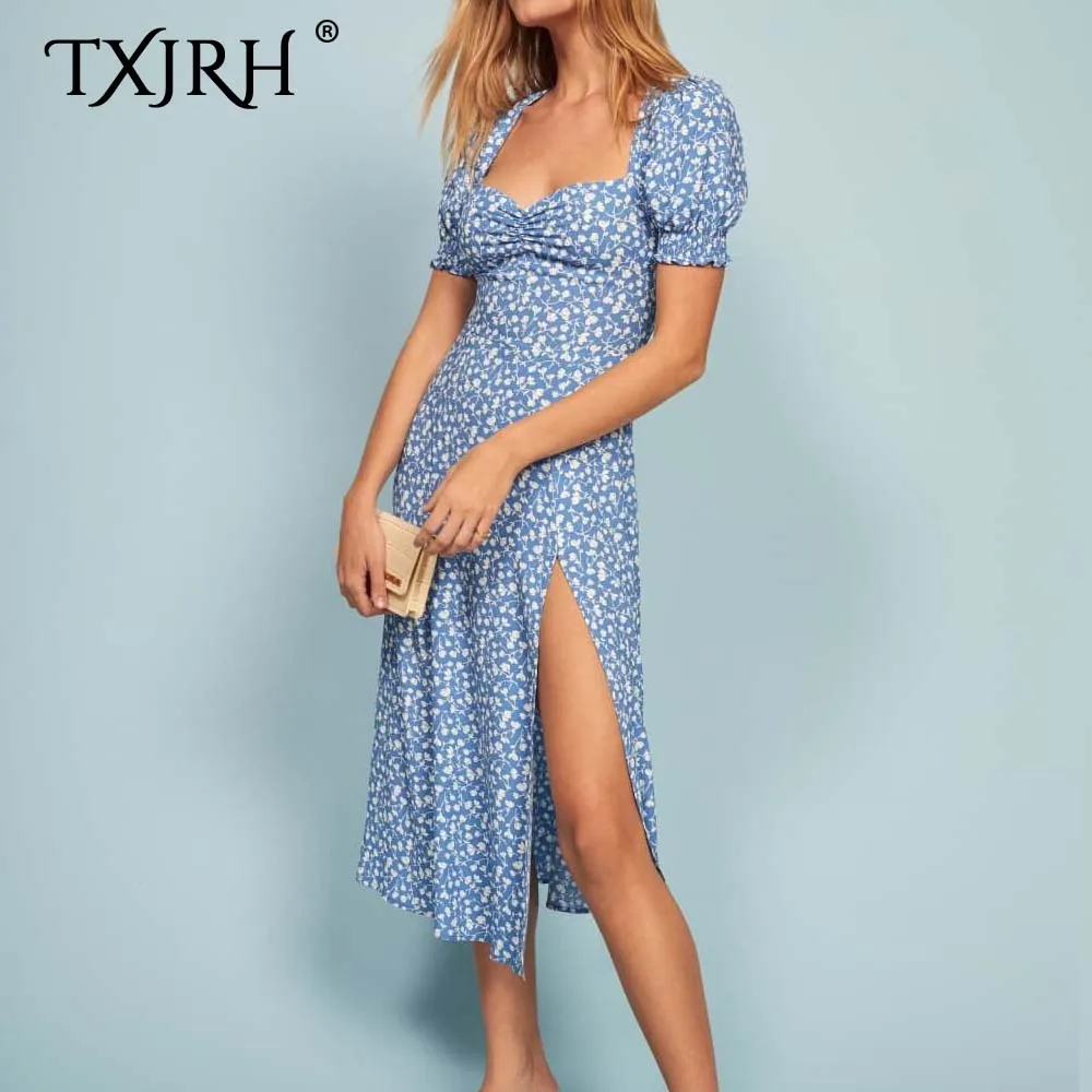TXJRH ретро платье с цветочным принтом и v-образным вырезом, с коротким пышным рукавом, с разрезом, узкое платье для французских женщин средней длины, чайное платье, 2 цвета