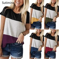 sutimine 2021 summer t shirt women stripe patchwork t shirt elegant soft hot sale casual loose short sleeve oversized t shirt