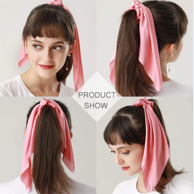 Hot Selling Hair Band Super-Long Large Intestine Ring Silk Scarves Ribbon Satin Solid Color Big Tail |