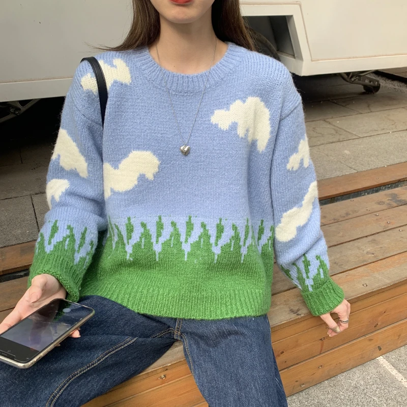 Harajuku Sweater Women 2021 Autumn Oversize Blue Pullovers Cloud Knitted Jumper Femme Kawaii Ulzzang Harajuku Korean Clothing