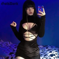 goth dark y2k punk black velvet dresses and camsi 2pc set casual gothic sexy cut out long sleeve dress tie up cropped co ord set