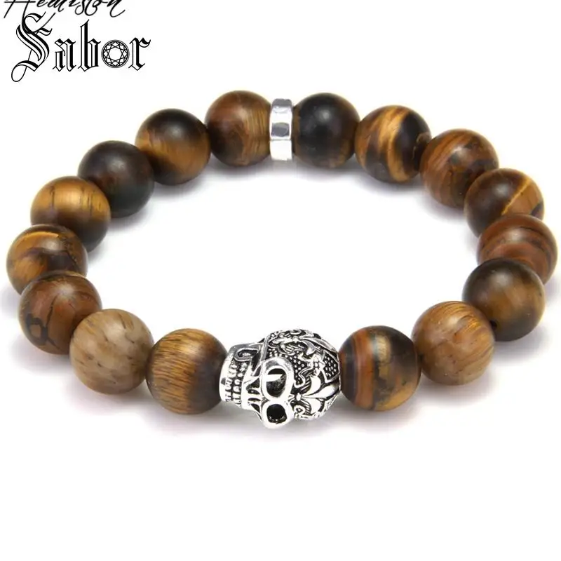 Большой Матовый браслет TIGER'S EYE с бусинами в виде черепа и лилии мужские