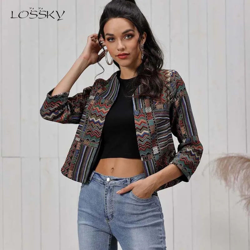 Женское пальто с длинным рукавом Lossky винтажное короткое принтом верхняя одежда