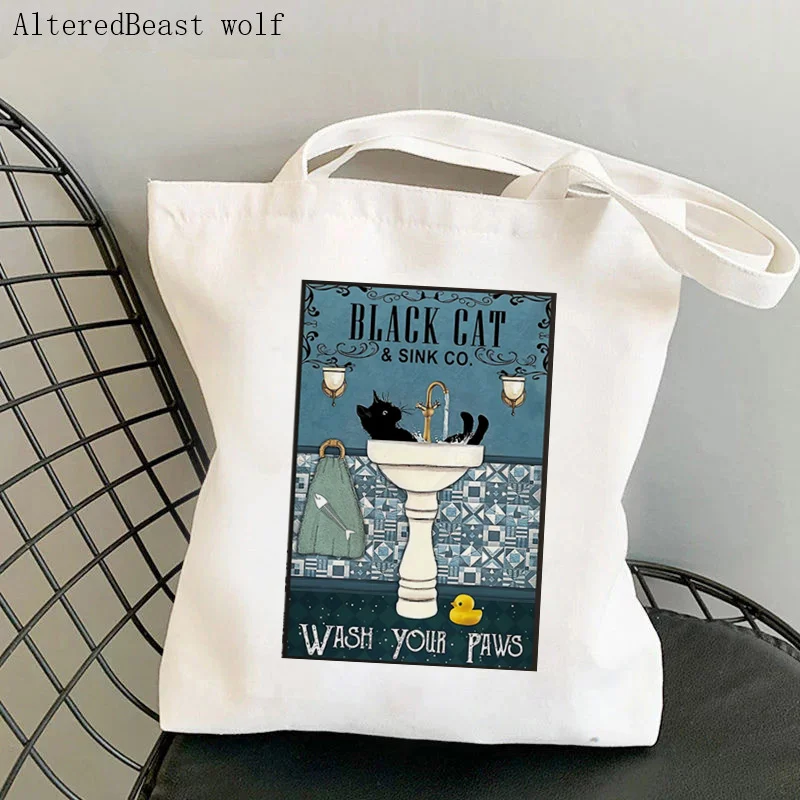 

Women Shopper bag Black Cat & Sink Co Printed Bag Harajuku Shopping Canvas Shopper Bag girl handbag Tote Shoulder Lady Bag