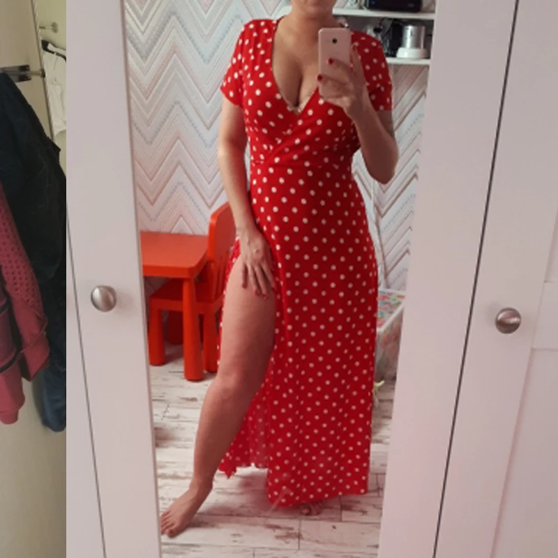 Женское длинное пляжное платье в горошек с v-образным вырезом и эластичной