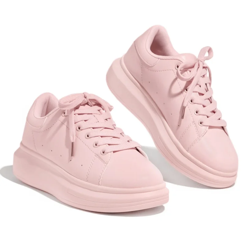 

Fashion Trendy Vulcanize Sneakers Thick Sole Flat Heel Round Toe Sewing Pu Leather Height Increasing Leisure Casual Shoes Ladies