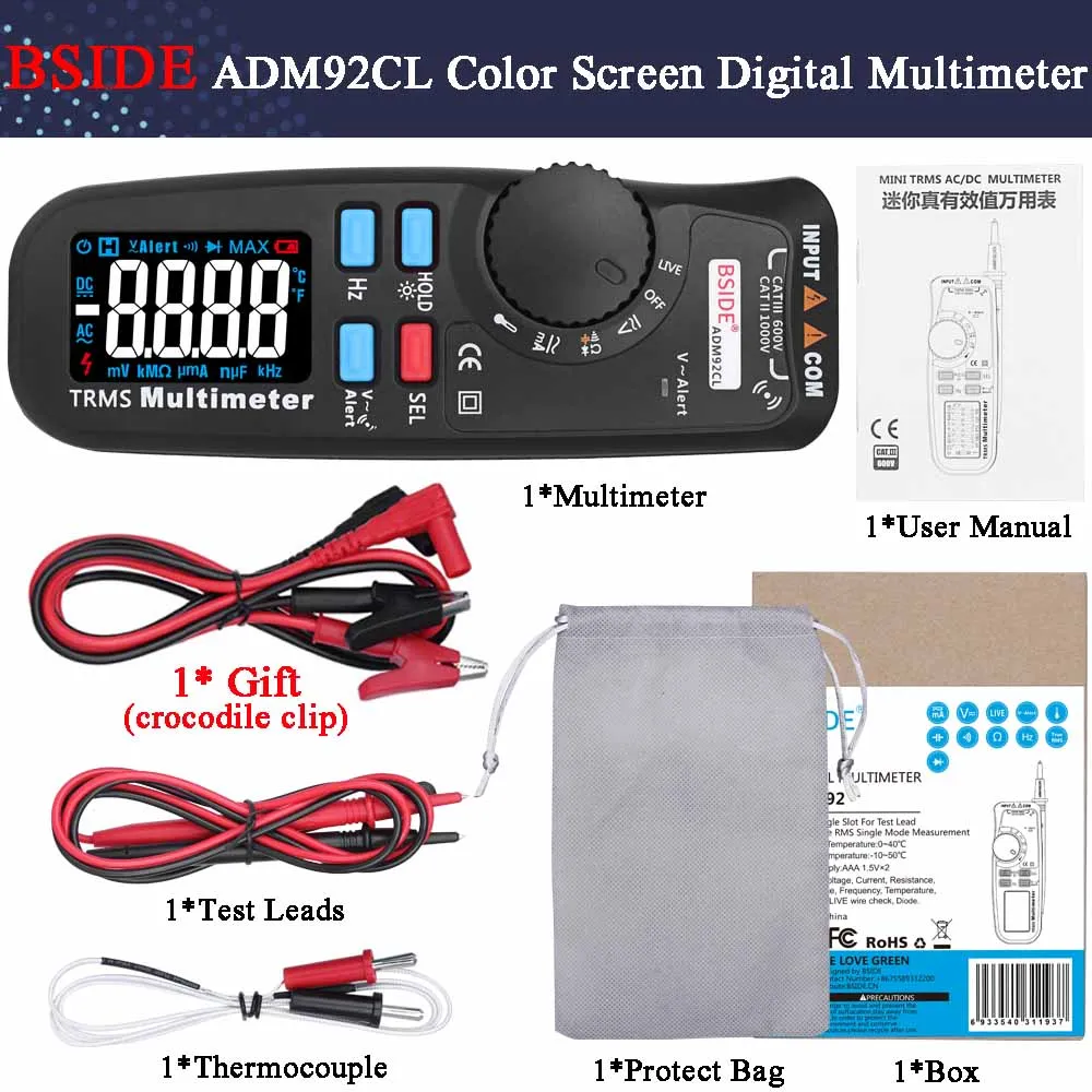 Многофункциональный цифровой мультиметр BSIDE ADM92CL цветной ЖК-дисплей Multimetro Автоматический диапазон True RMS Temp Тестер Вольтметр Ampermetr - Цвет: Color Display-Gift