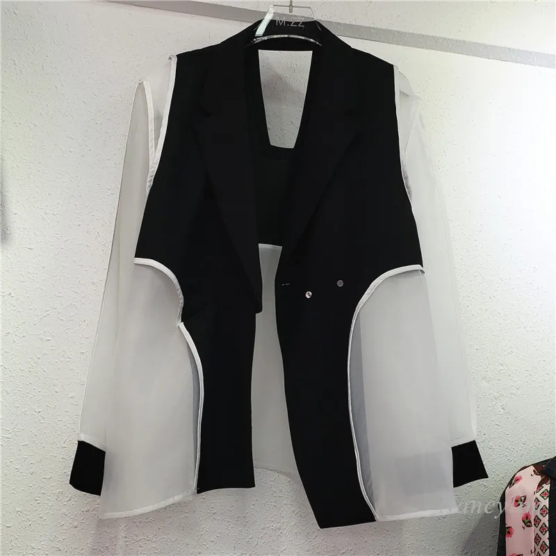 

Summer Blazer Women's Korean Fashion Mesh Suit Jacket Mid-Length Irregular Street Wear Loose Coat 2021 Summer Autumn