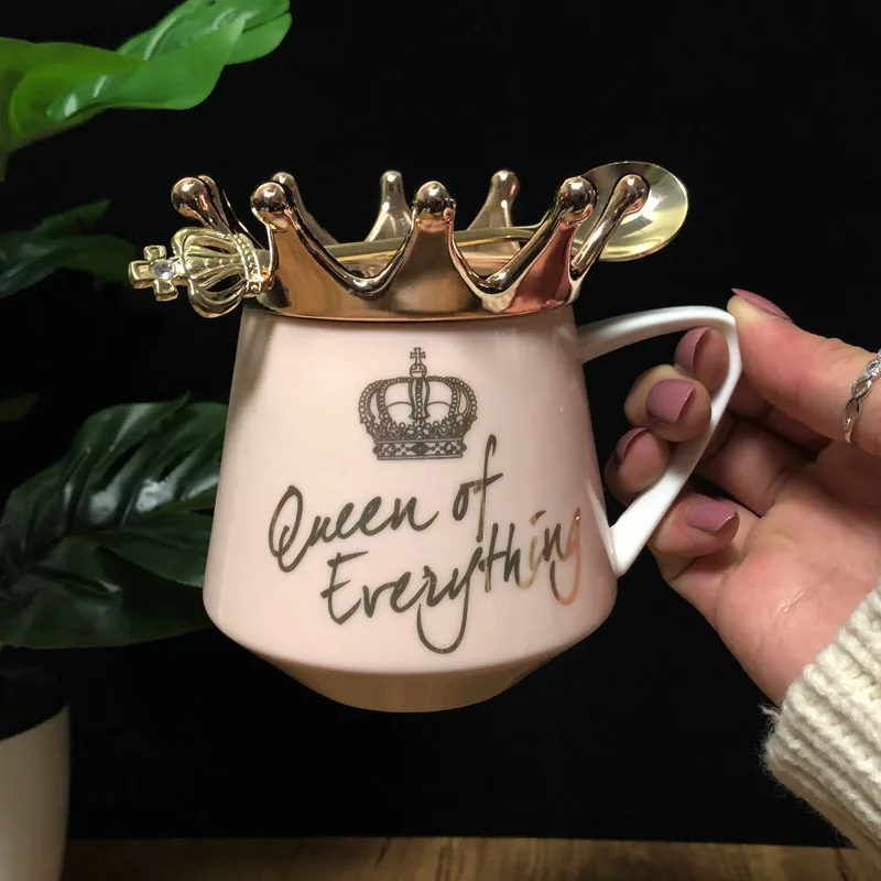 Coffee Mug Nordic Wind Pink Crown Cup Ins Spoon Creative Ceramic Water Milk for Breakfast Cups Cute Girl Gift | Дом и сад