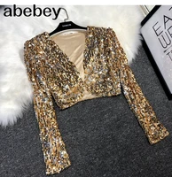 sequins patch jacket women spring long sleeve gold silver shiny crop top dance party korean slim open stitch female