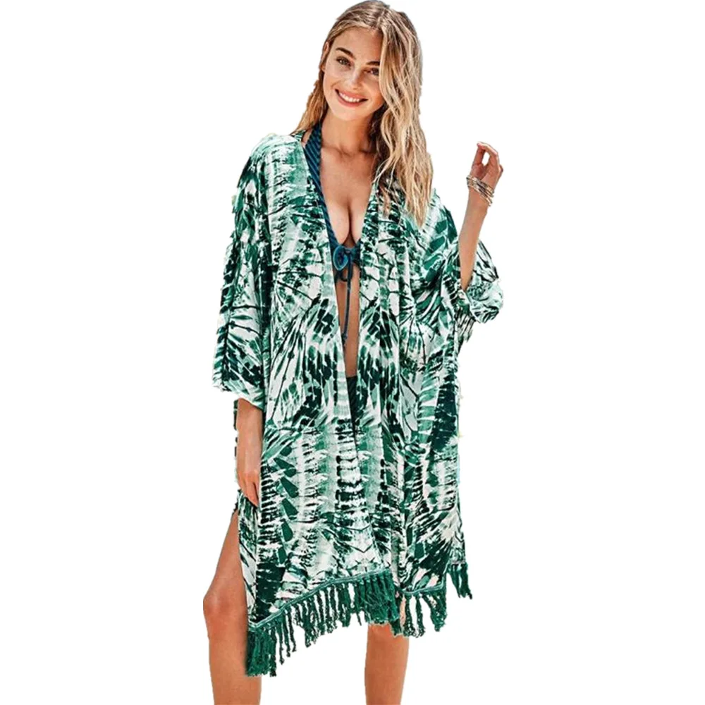 

European and American new loose-printed fringed sunscreen shirt beach vacation bikini swimsuit jacket plus size summer dress