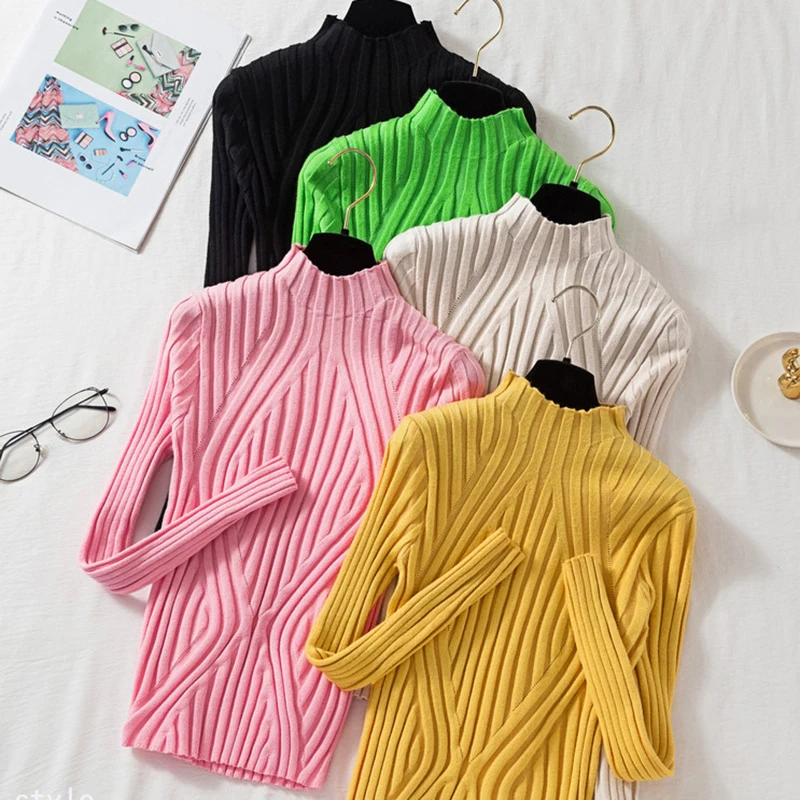 

2021 Chic Knitted Women Sweater Mock Neck Pullovers Long Sleeve Tops Autumn Winter Basic Womens Sweaters Slim Sueters De Mujer