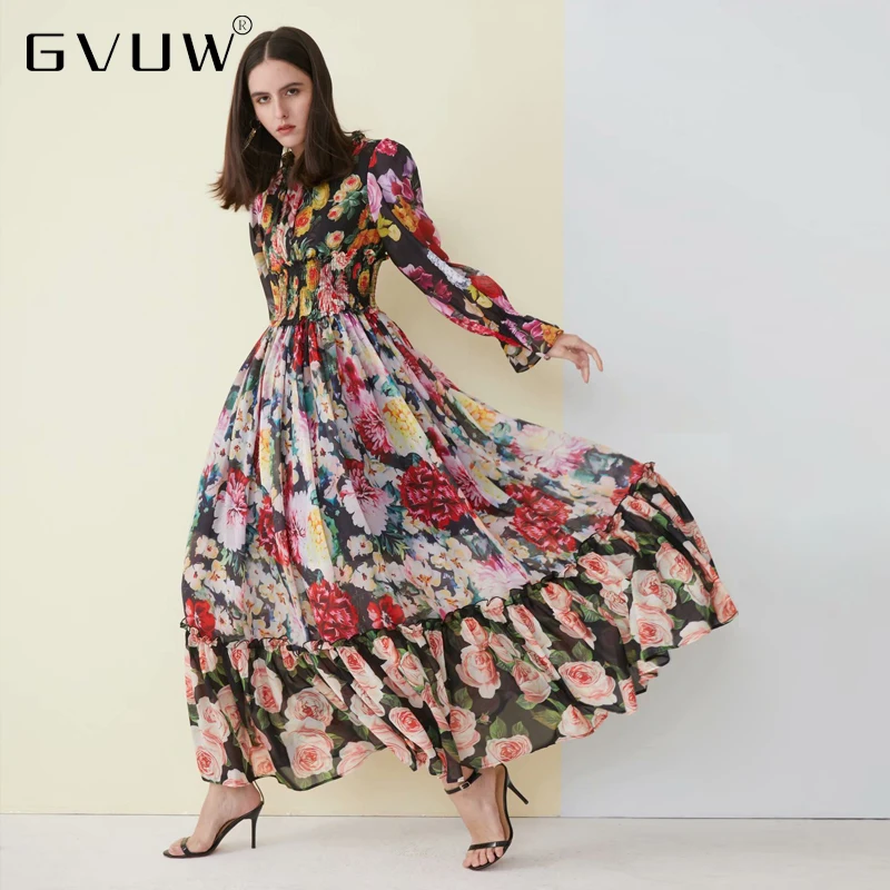 

GVUW New Tide Round Ankle-length Long Printing Elegant Dress Women 13C967