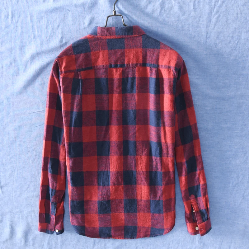 Рубашка мужская клетчатая с длинным рукавом хлопок и лен Повседневная модная