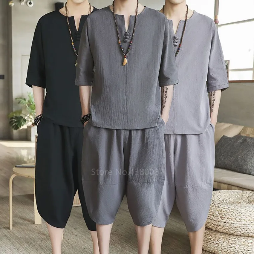 Традиционная китайская одежда для лета, мужской комплект из шорт и топа, льняное дышащее повседневное свободное кимоно в стиле ретро, костюм кунг-фу Тан, костюм унифиом Традиционная китайская одежда для лета, мужской комплект из шорт и топа, льняное дышащее повседневное свободное кимоно в стиле ретро, костюм кунг-фу Тан, костюм унифиом