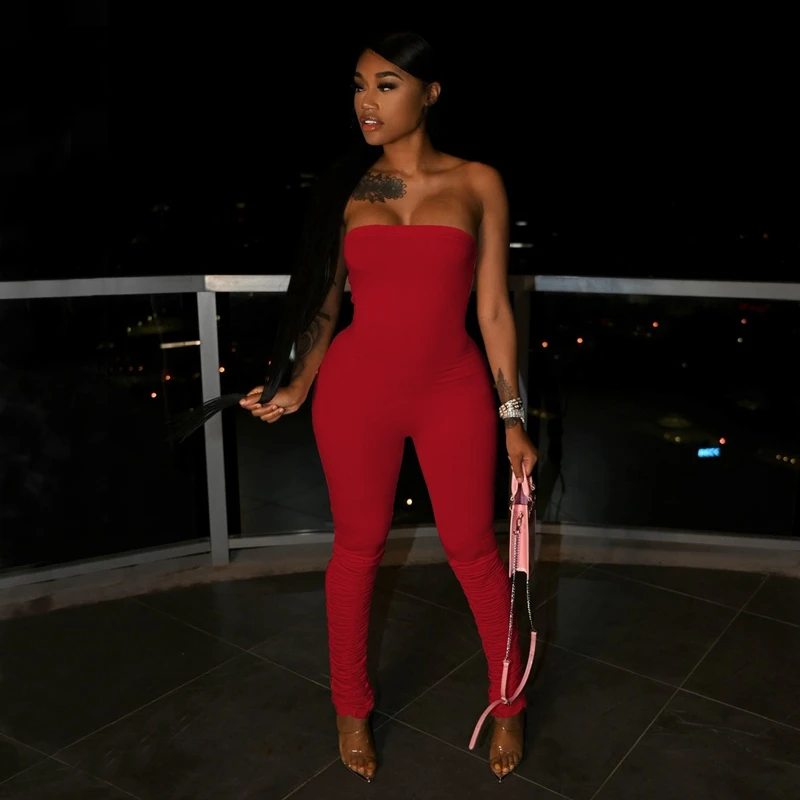 

Sexy Strapless Bodycon Jumpsuits Birthday Outfits for Women Backless Summer Clothes Stacked Pants One Piece Club Rompers